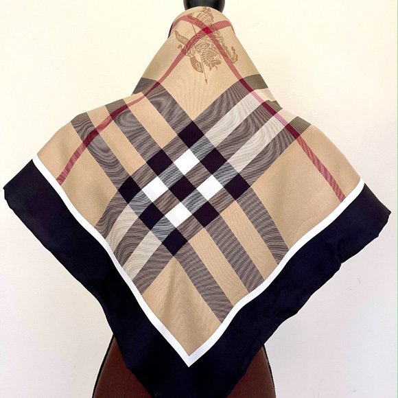 NWT Burberry Scarf Classic Beige Check Pattern Black Border Silk SWrap - Picture 7 of 14